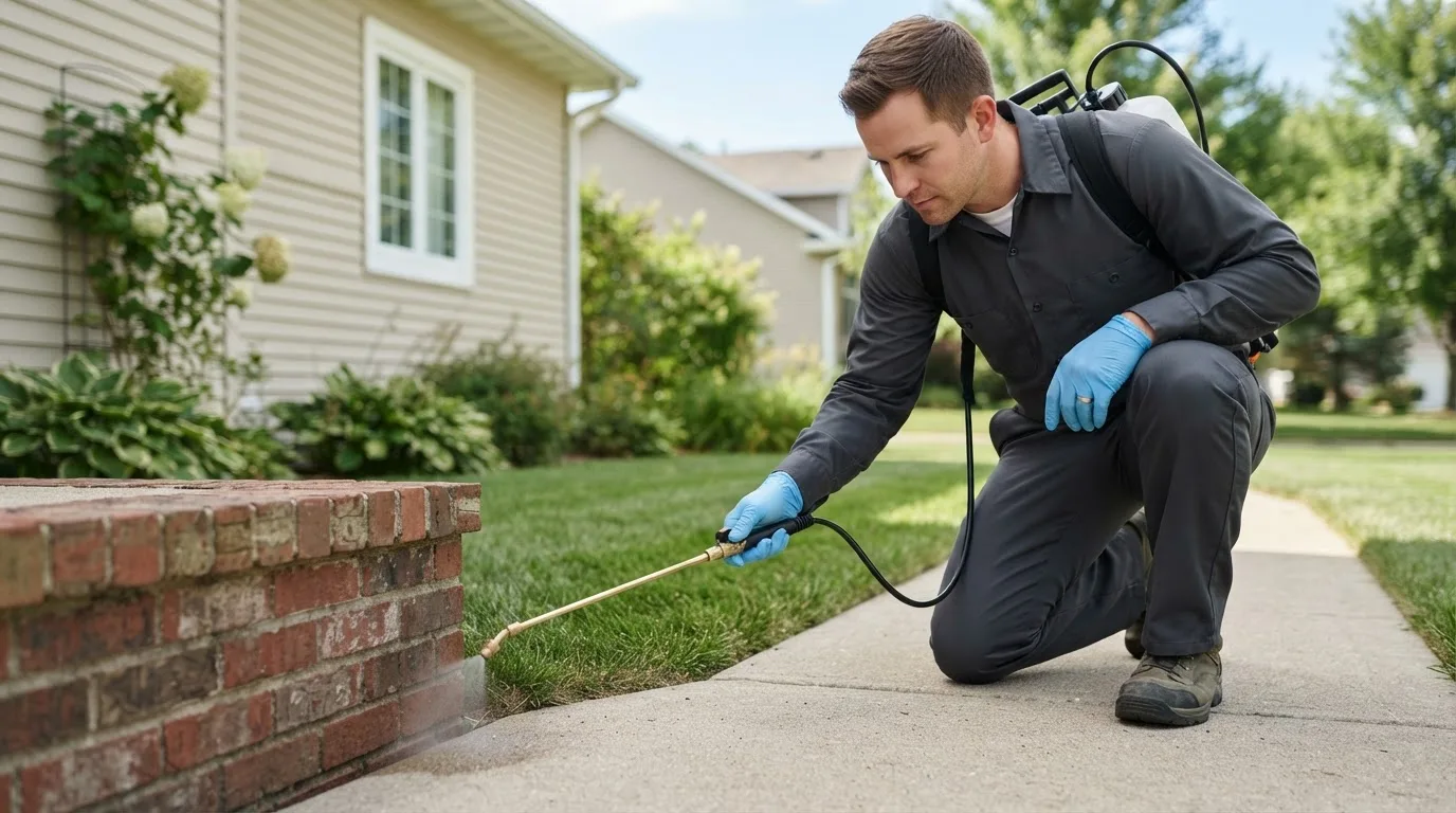Pest control technician treating a home near West Winfield, NY